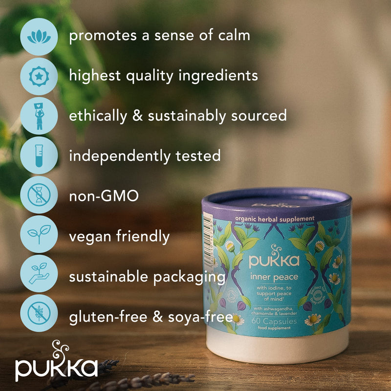 [Australia] - Pukka Herbs | Inner Peace Organic Herbal Supplement | Ashwagandha, Chamomile and Lavender | Perfect For Calming | Contains Iodine | 60 Capsules | 1 Month Supply 