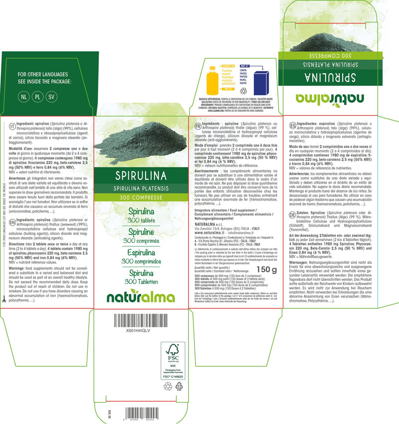 [Australia] - Spirulina (Spirulina platensis or Arthrospira platensis) Thallus (Seaweed) NATURALMA | 150 g | 300 Tablets of 500 mg | Food Supplement | Natural and Vegan 