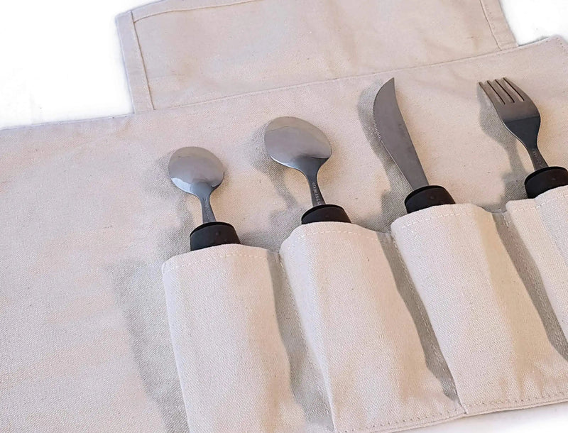 [Australia] - BunMo Adaptive Utensils for Elderly/Arthritis/Weak Hand Grip & Handicapped - Convenient Travel Pouch (4 Piece Set) 4 Piece Set 