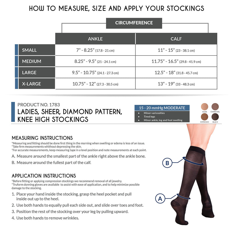 [Australia] - Truform Sheer Compression Stockings, 15-20 mmHg, Women's Knee High Length, Diamond Pattern, Espresso, Medium Medium (1 Pair) Espresso Diamond Pattern 