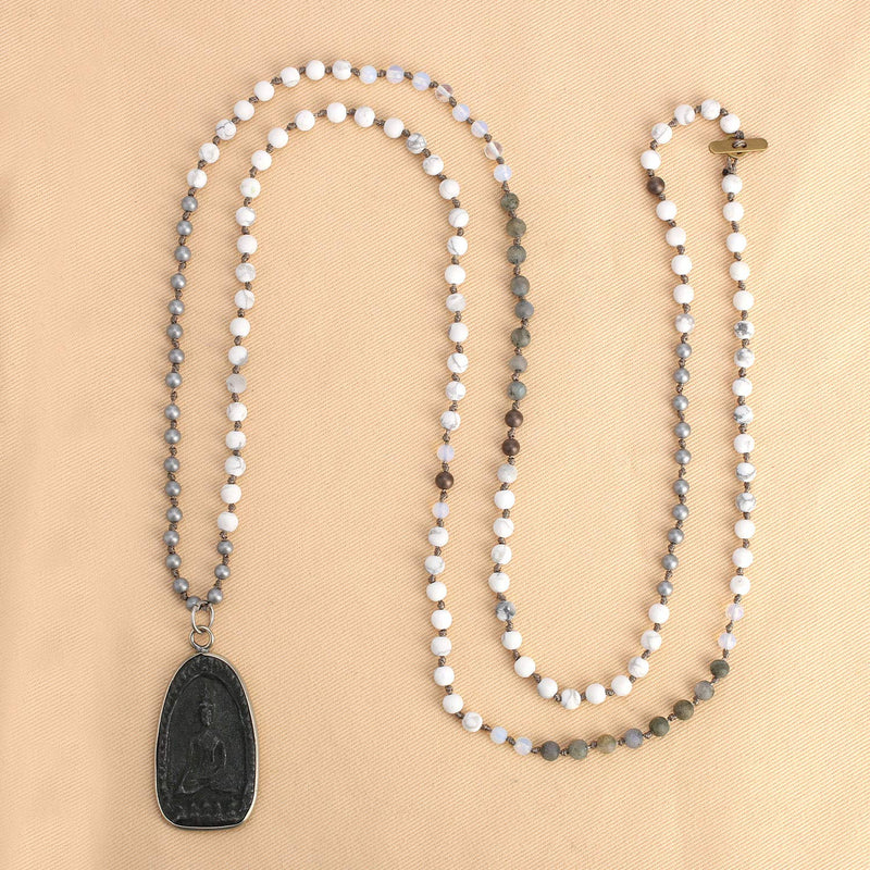 [Australia] - C·QUAN CHI Drop Shaped Crystal Beaded Necklace Triangle Sakyamuni Buddha Pendant Necklace Of Luck Stand Bracelet Long Necklaces 03-White Grey 