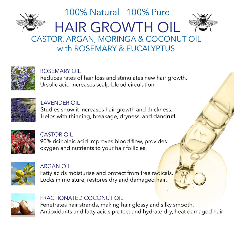 [Australia] - HAIR GROWTH OIL - CASTOR, ARGAN & COCONUT OIL + ROSEMARY & LAVENDER -100 ml by BEES of BRITAIN 100% Natural. Natural Oils to Promote Hair Growth. We Donate 5% of Profit to Help Save Bees + Pollinators 