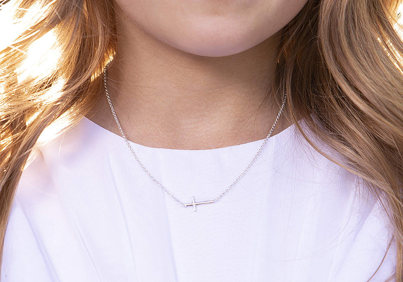 [Australia] - Sterling Silver First Communion Sideways Horizontal Cross Necklace for Girls and Women 14" 