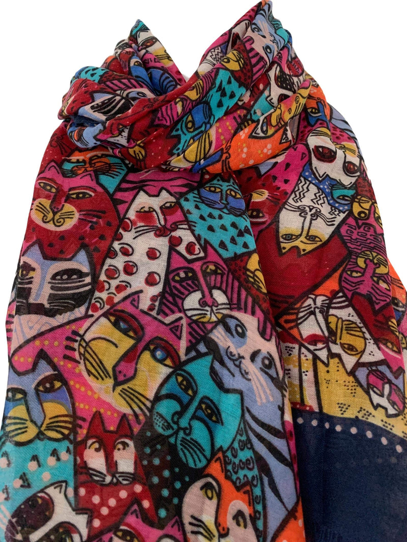 [Australia] - Purple Possum® Cat Scarf Multi Coloured Wrap Ladies Red Yellow Navy Blue Cats Pashmina Shawl 