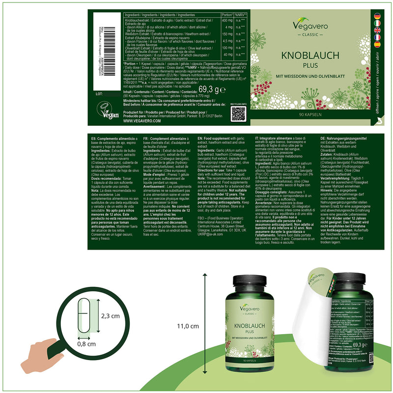[Australia] - Hawthorn and Garlic Complex Capsules Vegavero� | NO Additives | High Strength, Garlic, Olive Leaf and Hawthorn Extracts Supplement | Lab-Tested & Non-GMO | 90 Capsules | Vegan 