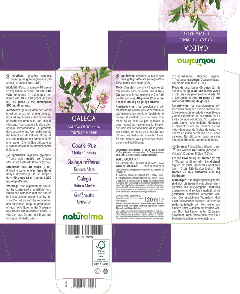 [Australia] - Goat’s rue (Galega officinalis) herb with Flowers Alcohol-Free Mother Tincture Naturalma | Liquid Extract Drops 120 ml | Food Supplement | Vegan 