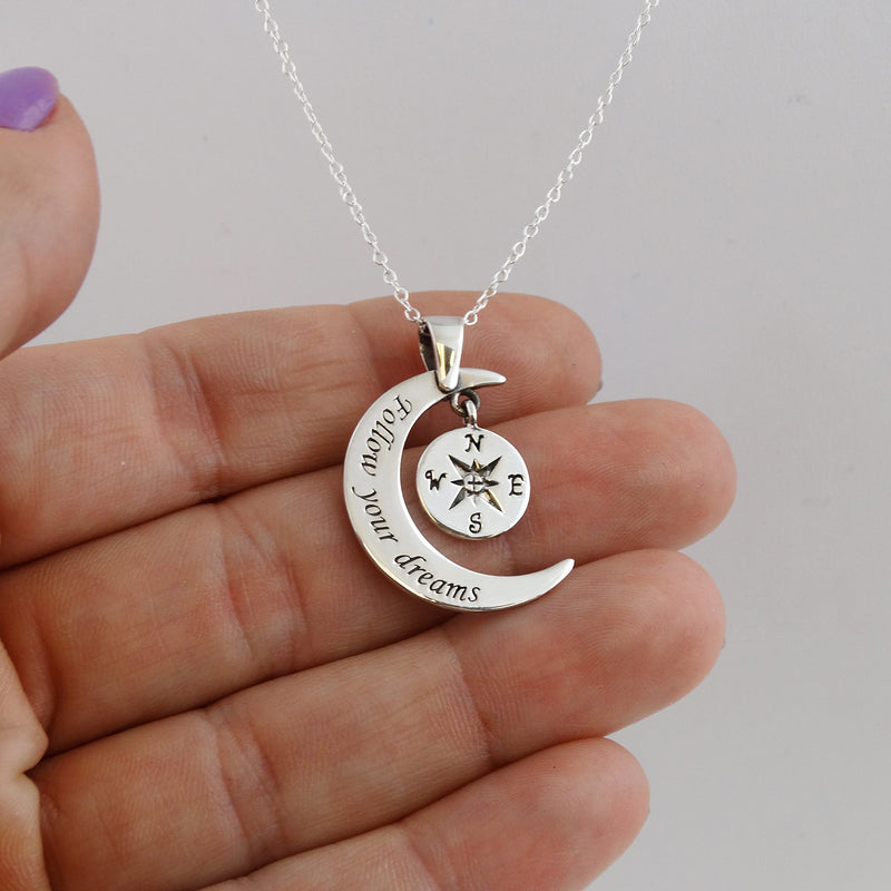 [Australia] - FashionJunkie4Life Sterling Silver Follow Your Dreams Crescent Moon w/Compass Pendant Necklace, 18" Chain 