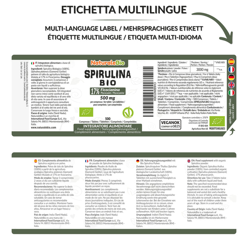 [Australia] - Organic Spirulina Alga Tablets - 500 Tablets - 500mg. Bio, Natural and Pure, Phycocyanin 17%. Cultivated in India in Tamil Nadu. Suitable for Vegetarian and Vegan. NATURALEBIO 