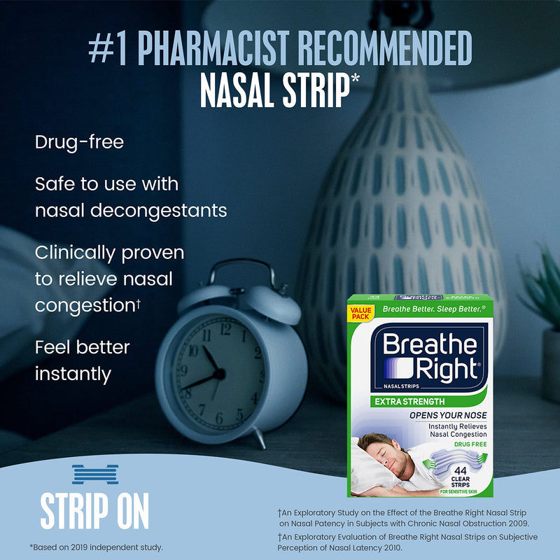 [Australia] - Breathe Right Extra Clear DrugFree Nasal Strips for Nasal Congestion Relief, 44 Count , 1 Count 