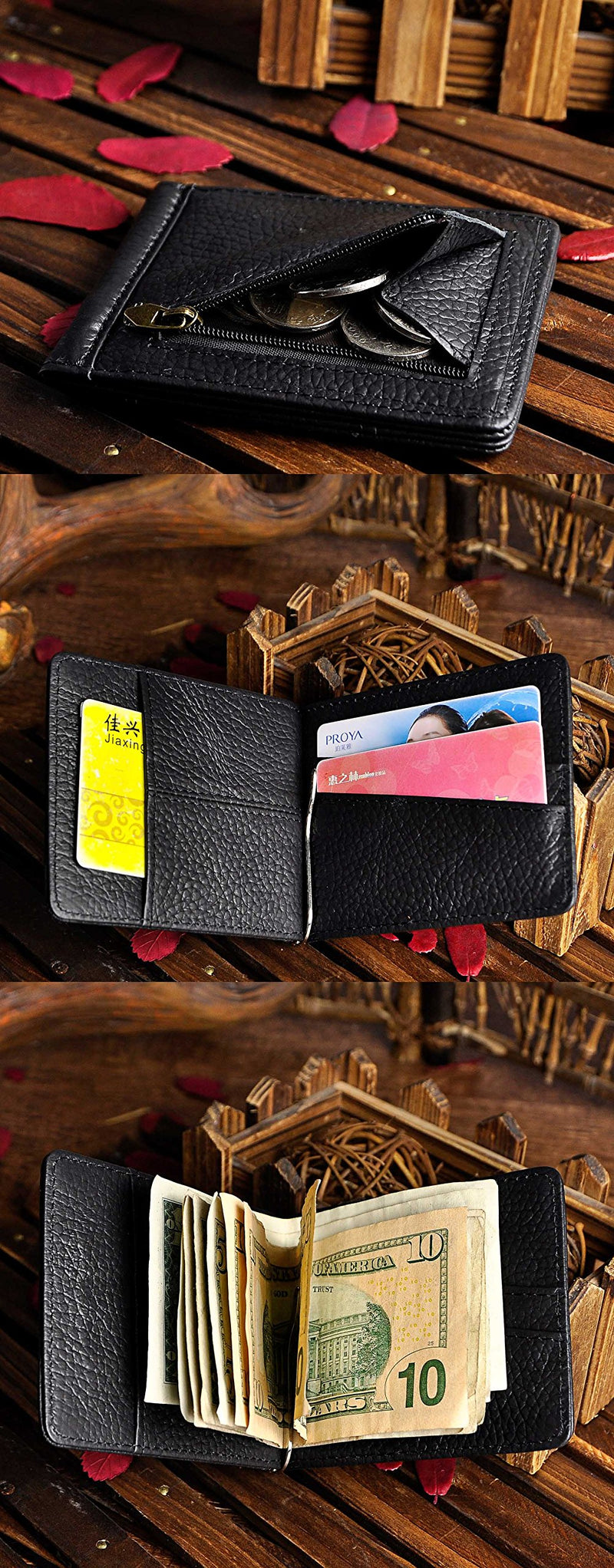 [Australia] - Le'aokuu Mens Leather Small Designer Coin Magnetic Slim Money Clip Card Case Holder Front Pocket Organizer Wallet 1099 1099 Black 