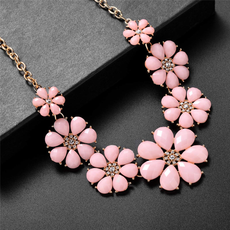 [Australia] - Lux Accessories Pave Flower Bib Statement Floral Chain Necklace Gold Baby Pink 