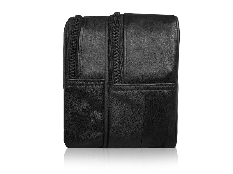[Australia] - Leather Toiletry Bag - Toiletries Wash Bag - Soft Black Genuine Leather - Great Travel Gym Shower Bags - Unisex Men's or Ladies - 2 Zipped Compartments - Hang Up Carry Handle - Roamlite RL215 