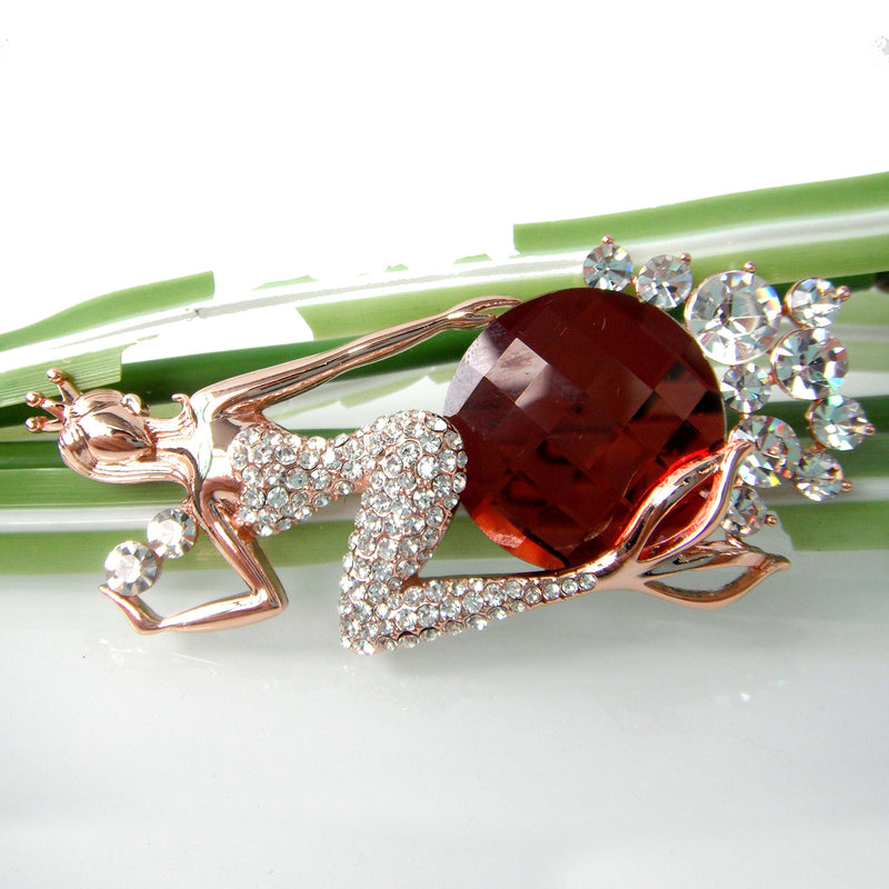 [Australia] - Navachi 18k Gold Plated Clear Crystal Mermaid Brooch Pin Red 