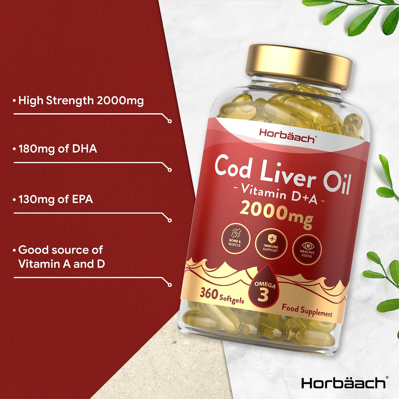 [Australia] - Cod Liver Oil Capsules | 2000mg | 360 Count | with High Strength Omega 3, Vitamin D and A | Bone and Muscle Support, Healthy Vision, and Immune Support | by Horbaach 
