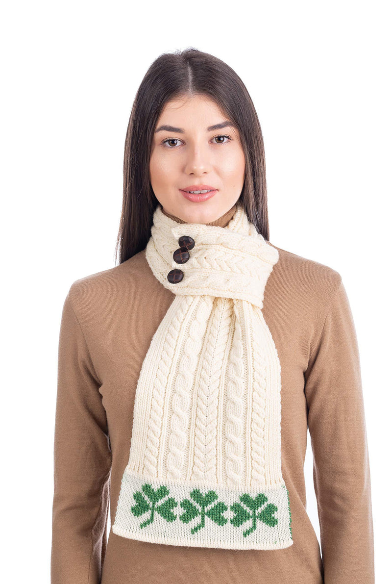 [Australia] - SAOL 100% Merino Wool Aran Loop Scarf featuring Shamrock Pattern, in Natural/Navy/Green 