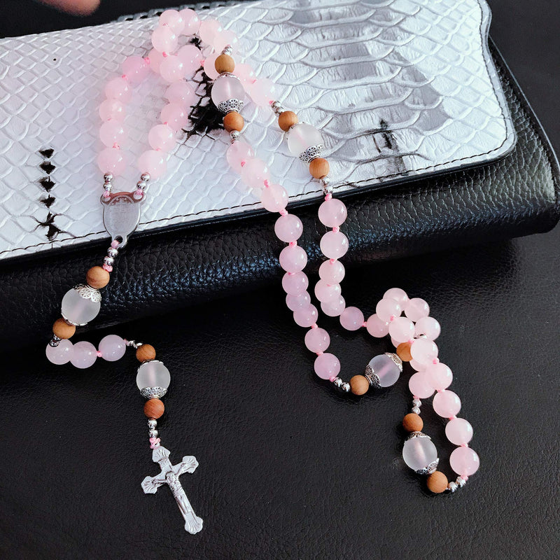 [Australia] - Sundysh Rosary Beads Catholic Necklace for Women Girls, Pink Crystal Wood Prayer Rosaries Chain, 5 Decades Steel Crucifix Cross Christian Jewelry Gift 