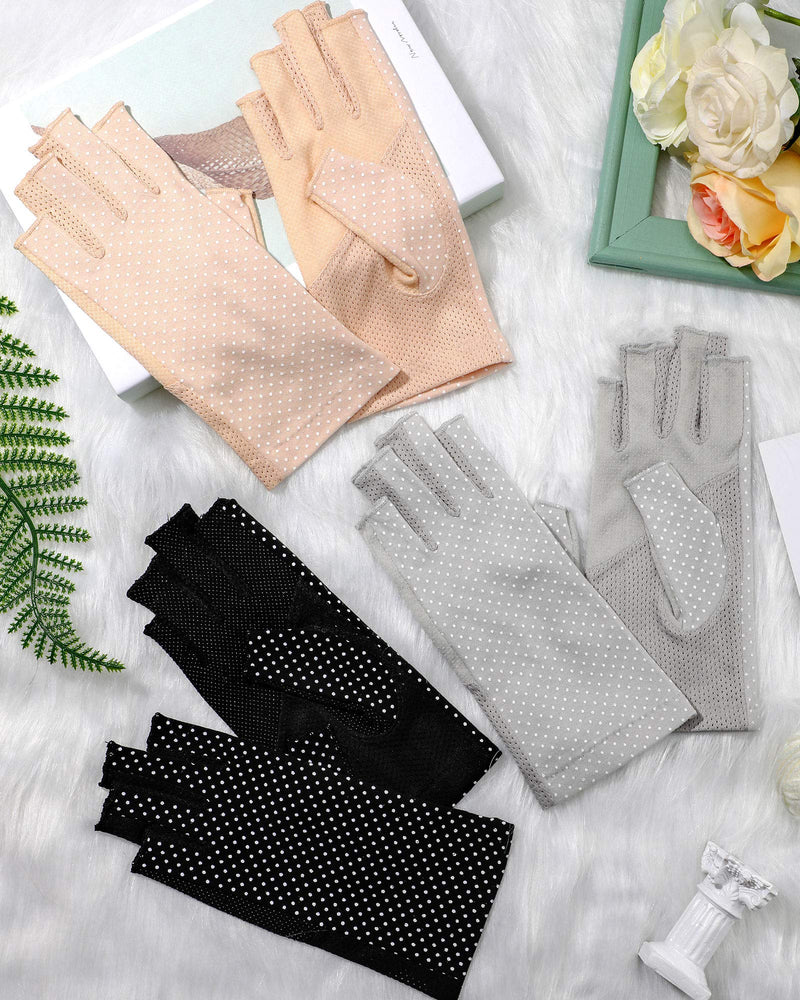 [Australia] - 3 Pairs Sunblock Fingerless Gloves Non-slip UV Protection Driving Gloves Summer Outdoor Gloves for Women Girls Black, Light Beige, Light Gray 