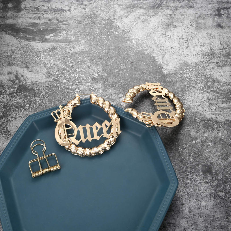 [Australia] - sailimue Queen Pendant Curb Chain Necklace with Oversize Statement Bamboo Hoop Earring Set for Women Gold Plated Color Punk Style Hip Hop Rapper A:Twist Earring+Queen Necklace 