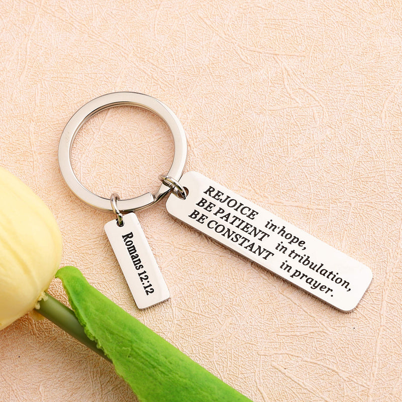 [Australia] - FUSTMW Christian Keychain Religious Gifts Bible Verse Jewelry Rejoice in Hope Be Constant in Prayer Romans 12:12 Scripture Key Chains Gifts silver 