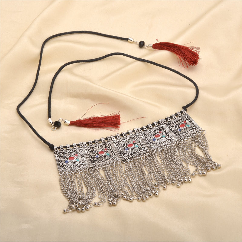 [Australia] - Zephyrr Necklace Boho Tribal Style Oxidized Silver Pendant Trendy Tassel Choker for Girls and Women 