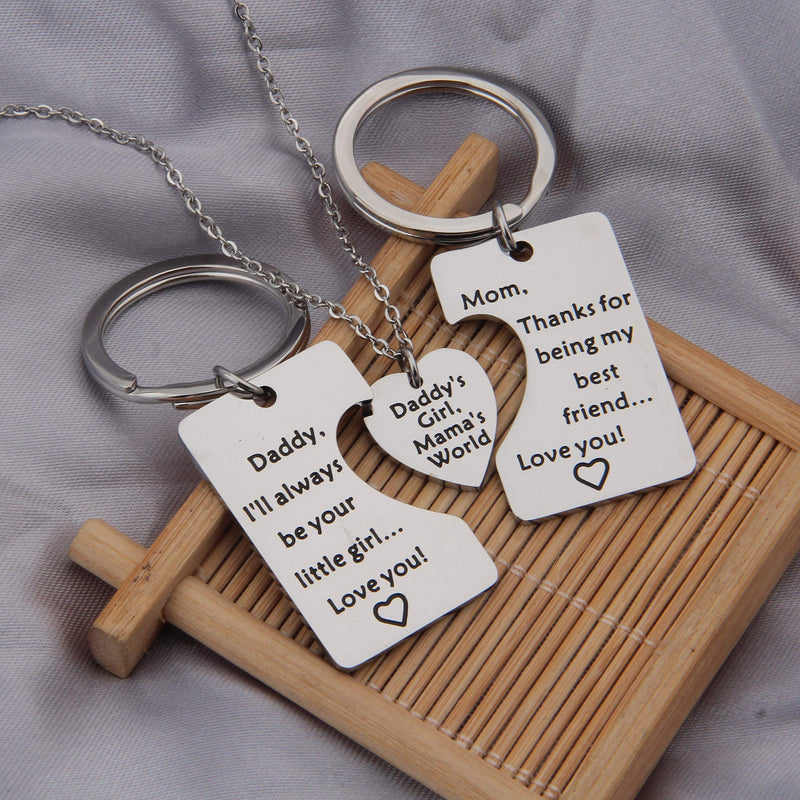 [Australia] - QIIER 3pcs Sweet Family Puzzle Pendant Set, Father Mother Keychain Jewelry,Daddy's Girl Mommy's World Necklace, Gift for Daughter Silver 