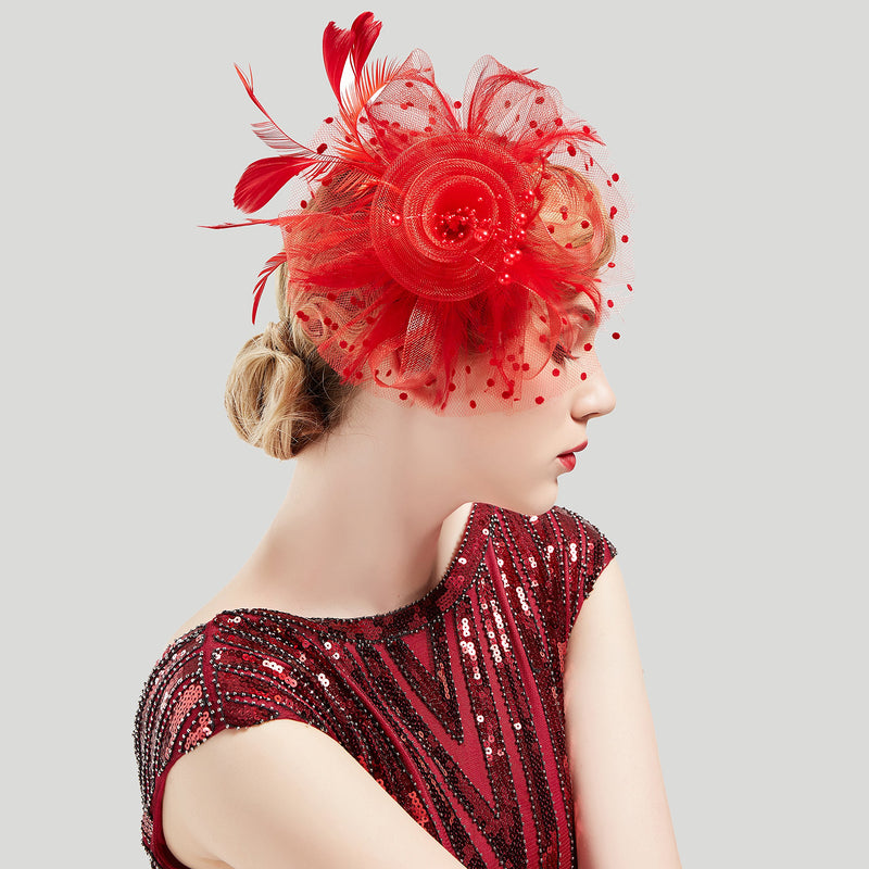 [Australia] - BABEYOND Women's Fascinators Hat Mesh Feather Fascinator Veil Kentucky Derby Hat for Cocktail Tea Party Red 