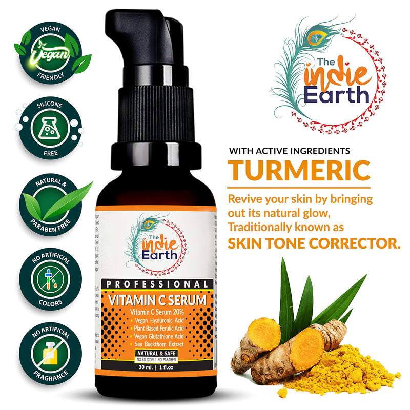 [Australia] - The Indie Earth Vitamin C Serum with Turmeric, Vitamin E, Vegan Hyaluronic Acid, Ferulic Acid and Vegan Glutathione Acid Serum (30 ml) Best Vitamin C Serum Best Fairness Serum 