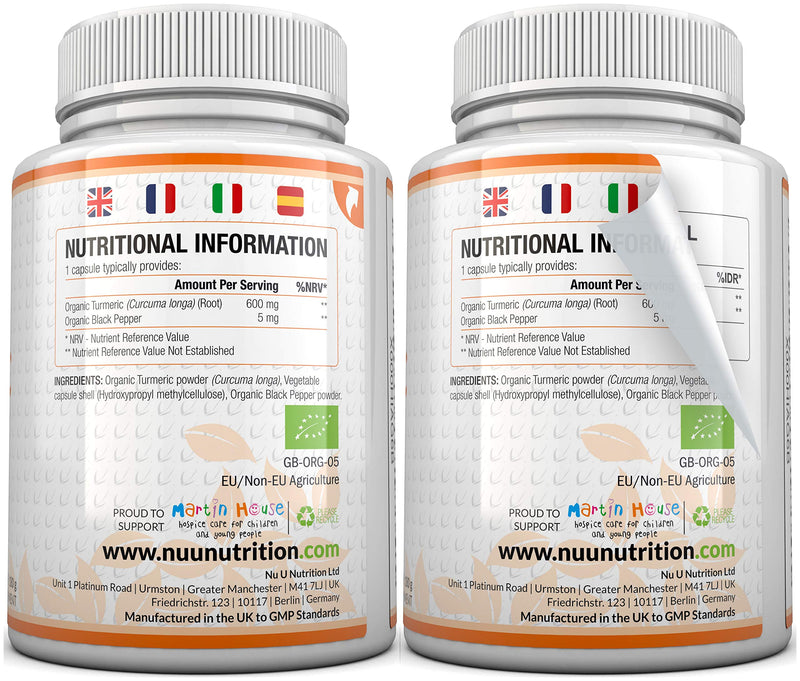 [Australia] - Turmeric Curcumin Organic High Strength 600mg, 365 Capsules with Organic Black Pepper | Suitable for Vegetarians & Vegans | Soil Association Certified, Made in The UK by Nu U Nutrition 