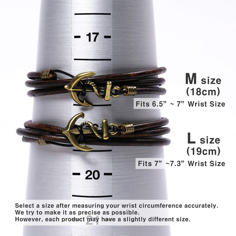 [Australia] - JBANS Handmade Brown Genuine Leather Wrap Bracelet for Mens - Metal Anchor Hook Mens Leather Bracelets, Men's Jewelry, M/L 2 Size - FITS 6.5"- 7.3" Wrist Size 18.0 Centimeters 