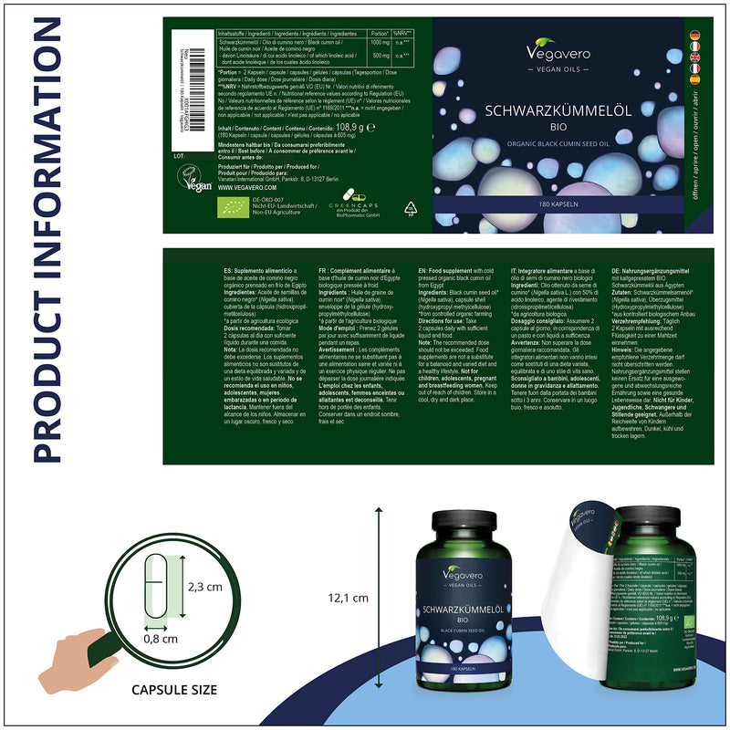 [Australia] - Black Cumin Seed Oil Vegavero® | 100% Organic | 180 Vegan Capsules (GreenCaps®) | Cold Pressed Nigella Sativa | No Additives 