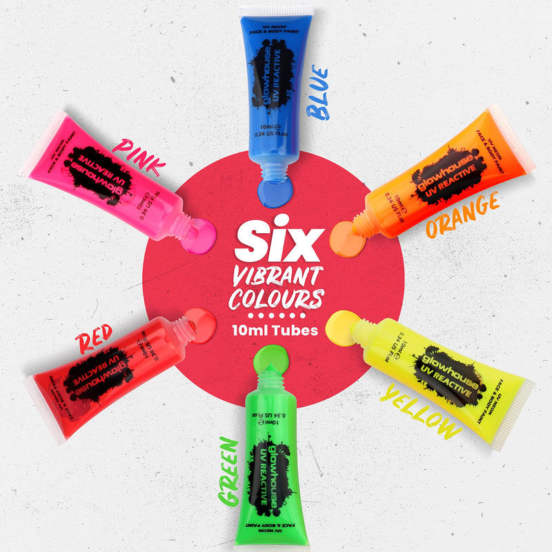 [Australia] - The Glowhouse UV Neon Face Paint and Body Paint Set (Pack of 6) Fluorescent Brightest Glow under UV! 