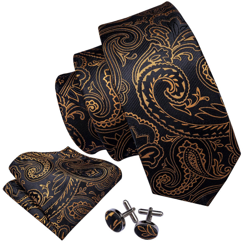 [Australia] - Barry.Wang Paisley Tie Fashion Set Hanky Cufflinks Neckties for Men Woven Silk Ablack and Orange 