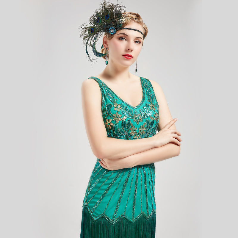 [Australia] - BABEYOND 1920s Flapper Peacock Feather Headband Roaring 20s Beaded Showgirl Headpiece 1920s Great Gatsby Costume Hair Accessories (Blue & Green) Blue & Green 