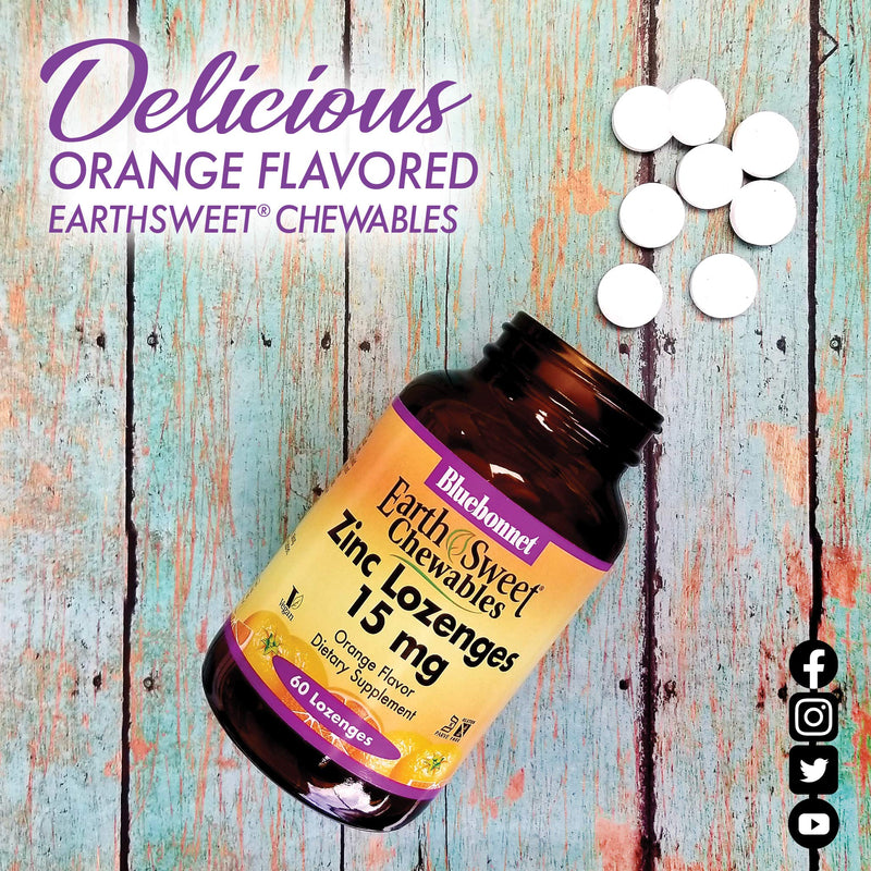 [Australia] - Bluebonnet Nutrition Earthsweet Zinc Lozenges 15mg Chewables, Plus 100mg of Vitamin C, Soy-Free, Gluten-Free, Kosher Certified, Dairy-Free, Vegan, Orange Flavored, 60 Lozenges 