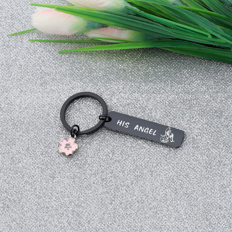 [Australia] - CYTING Her Stitch His Angel Keychain Set With Hibiscus Flower Charm Hawaiian Jewelry Gift For Couples Family Best Friends Her Stitch His Angel-black 