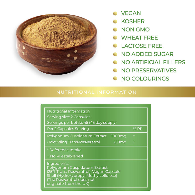 [Australia] - Lily Green | Resveratrol 1000mg per Serving | 90 Vegan Capsules | Anti-Ageing Support | High Strength Antioxidant | Polygonum Cuspidatum | No Artificial Additives | Made in UK 