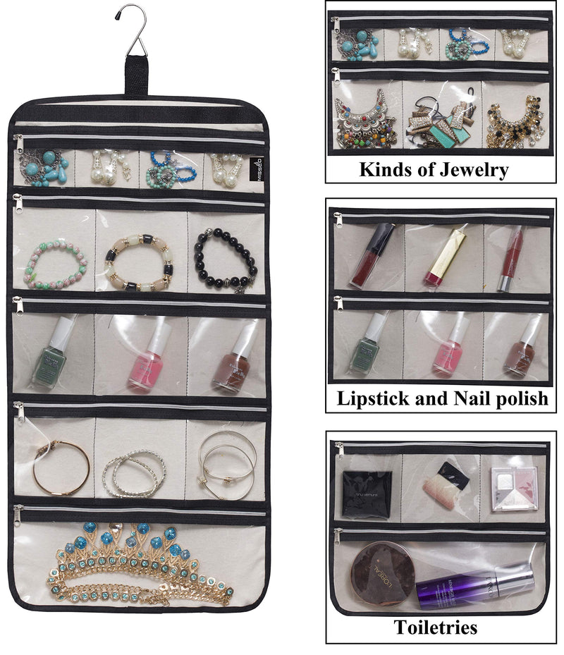 [Australia] - MISSLO Hanging Jewelry Organizer Travel Foldable Jewelry Roll Storage Case with 14 Cotton Zippered Pockets for Traveling, Closet, Suitcase 