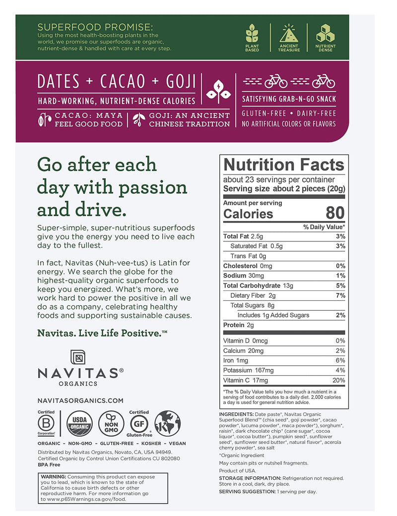 [Australia] - Navitas Organics Superfood Power Snacks, Cacao Goji, 16 oz. Bag, 23 Servings - Organic, Non-GMO, Gluten-Free 16 Ounce (Pack of 1) 