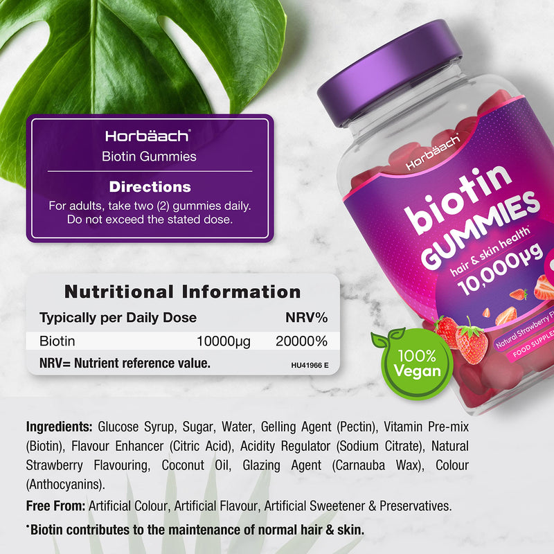 [Australia] - Biotin Gummies 10,000mcg | 90 Vegan Vitamins | for Hair Growth & Skin Health | Natural Strawberry Flavour | No Artificial Flavours or Sweeteners | von Horbaach 