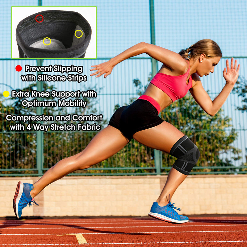 [Australia] - TechWare Pro Knee Compression Sleeve - Knee Braces for Knee Pain. Knee Sleeve with Side Stabilizers & Patella Gel Pads. Knee Brace for Working Out, Arthritis & Meniscus Tear. 5 Sizes. Single Pack X-Large Black/Gray 