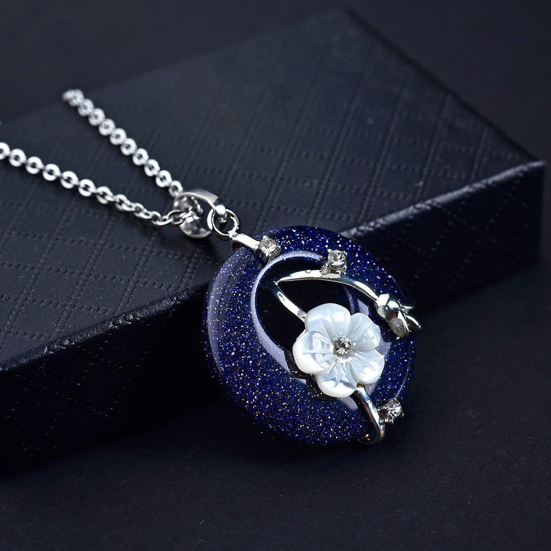 [Australia] - Injoy Jewelry Flower Wrapped Pendant Necklace Energy Healing Crystal Round Gemstone Pendant Necklace 18" Stainless Steel Chain 5) Synthetic Blue Sandstone 