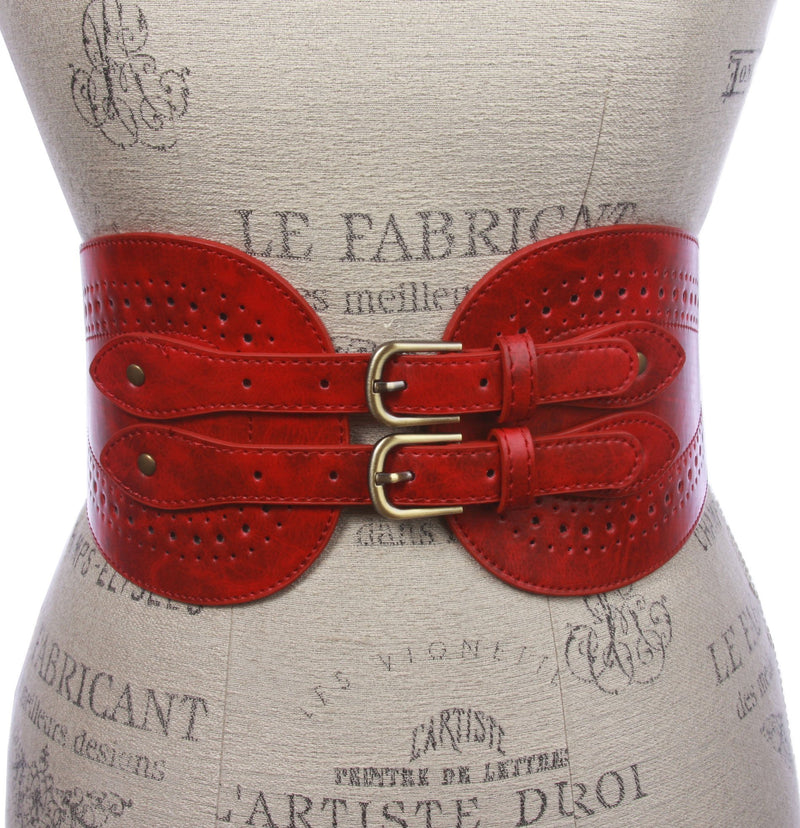 [Australia] - Ladies 5" Wide High Waist Fashion Double Buckles Stretch Belt M/L - 32"~36" Red 