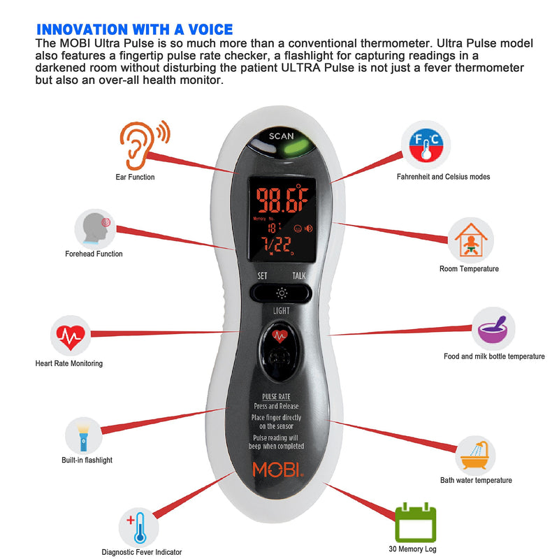 [Australia] - MOBI - Ultra Pulse Digital Thermometer - Ear & Forehead Indicator Pulse Rate Monitor Flashlight - Talking Digital Fever Monitor for Baby Kids & Adult 