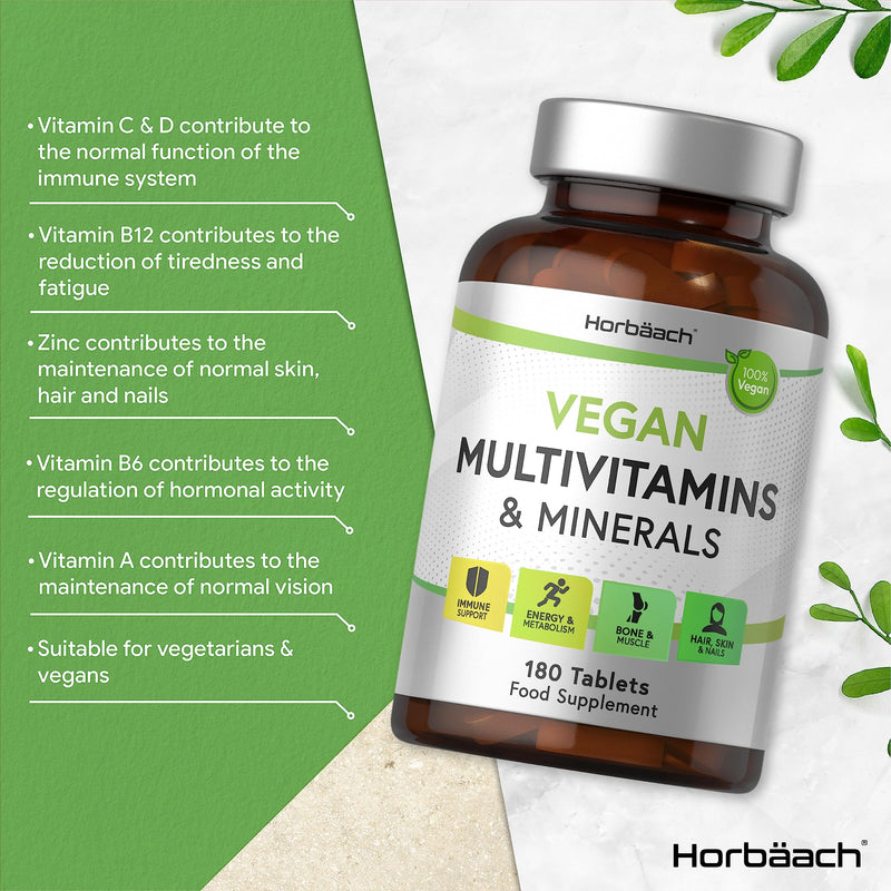 [Australia] - Vegan Multivitamin and Minerals | 180 Tablets | Essential Nutrients for Immune Support, Energy and Metabolism, Bone and Muscle, Hair, Skin and Nails | 100% Vegan | by Horbaach 