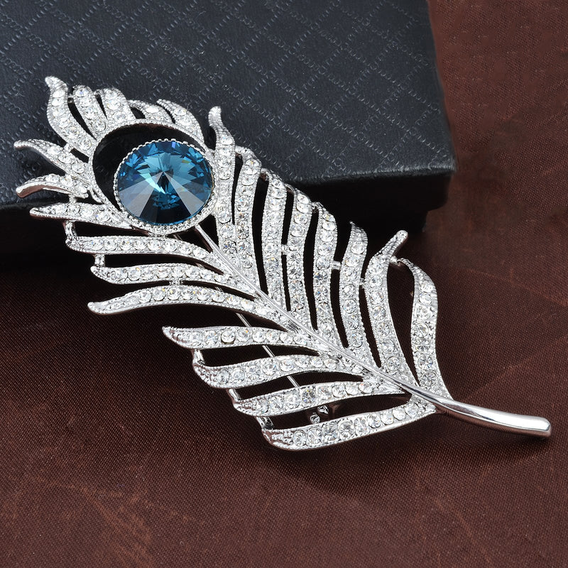 [Australia] - OBONNIE Women Silvery Tone CZ Crystal Rhinestones Large Peacock Feather Brooch Pin Wedding Party Badge 