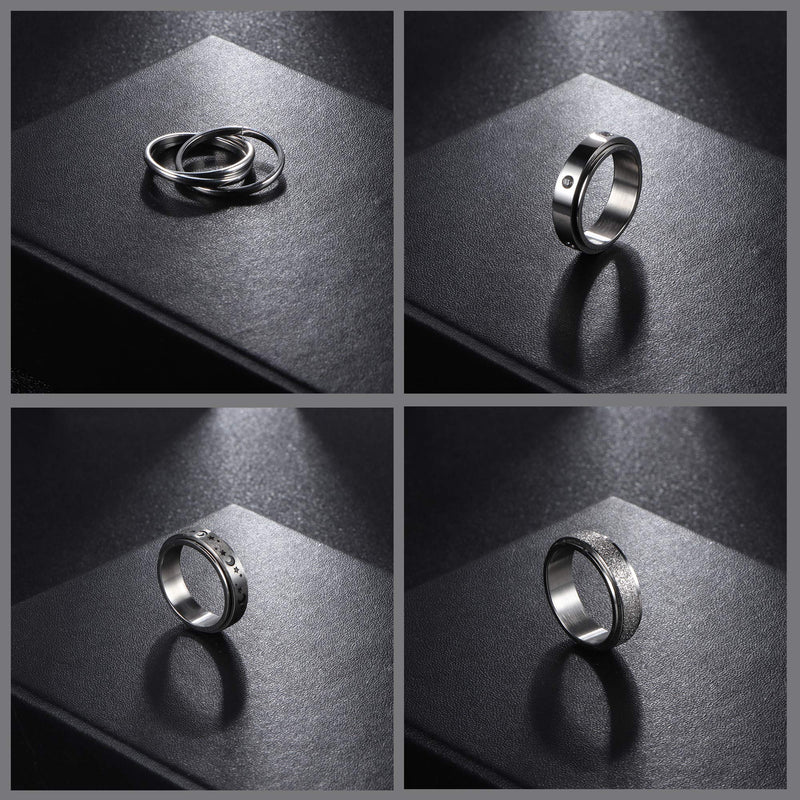 [Australia] - JOERICA 4Pcs 6mm Stainless Steel Fidget Spinner Rings for Women Men Spinning Moon Star Band Peace Rings for Anxiety Worry Triple Interlocked Sand Blast Finish Stackable Rings Set 5 