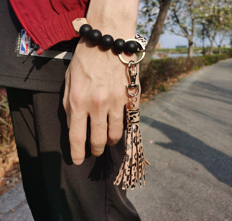 [Australia] - Silicone Beaded Wristlet Keychain-Silicone Key Ring Bracelet-Women Bead Bracelet Keychain with Leather Tassel Leopard 