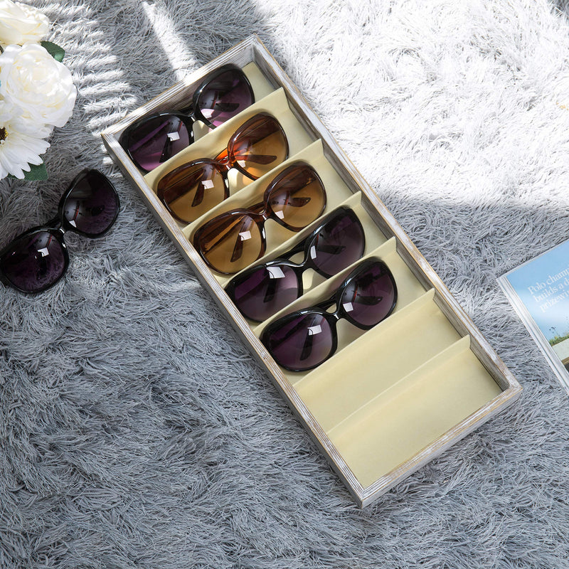 [Australia] - MyGift 7 Compartment Shabby Whitewashed Wood Sunglasses Open Top Storage Display Case White 