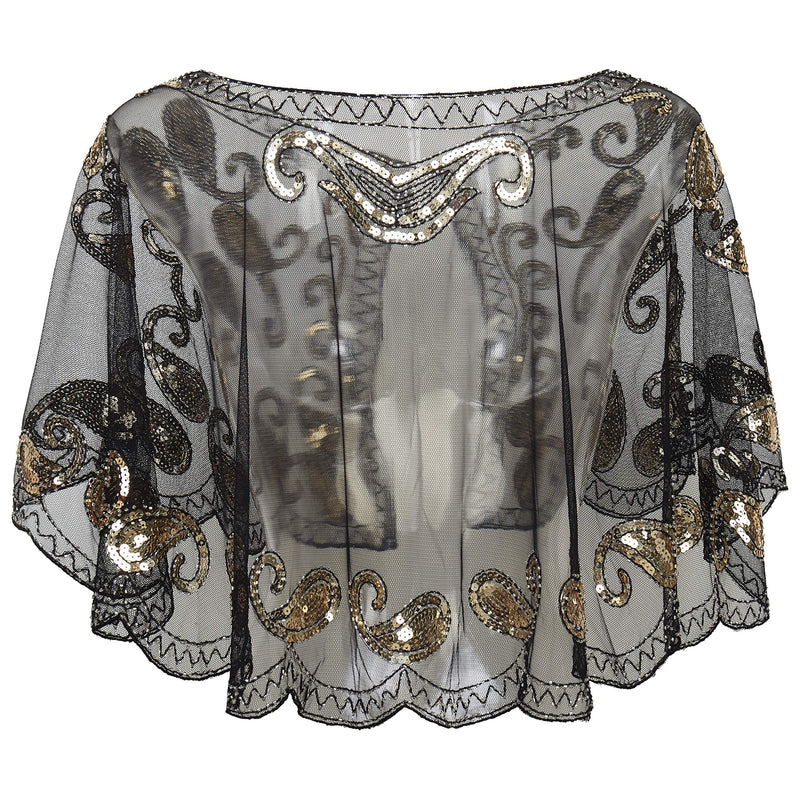 [Australia] - ArtiDeco Women's 1920s Shawl Sequin Beaded Art Deco Evening Cape Vintage Shawl Wraps (Black), Free, Black Gold 