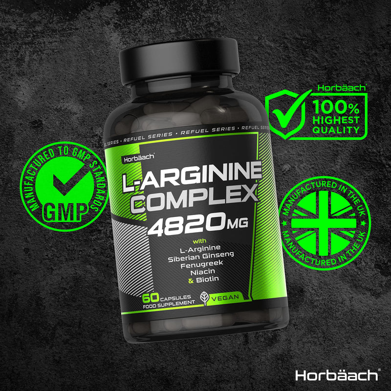 [Australia] - L-Arginine 4820mg | High Strength Complex | with Ginseng, Fenugreek, Niacin (VIT B3) & Biotin | 60 Vegan Capsules | by Horbaach 